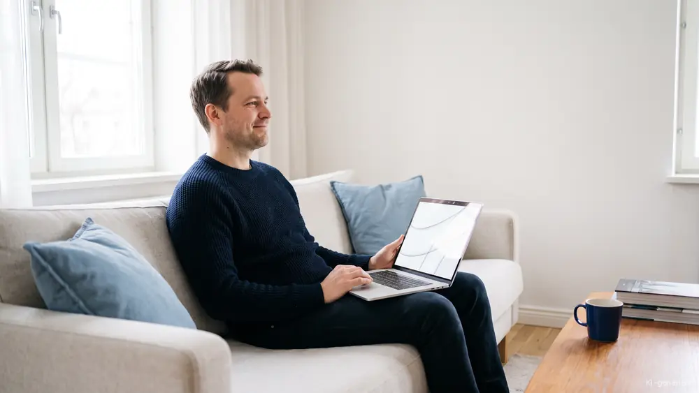 Mann sitzt mit einem Laptop auf dem Sofa neben einem hellen Fenster