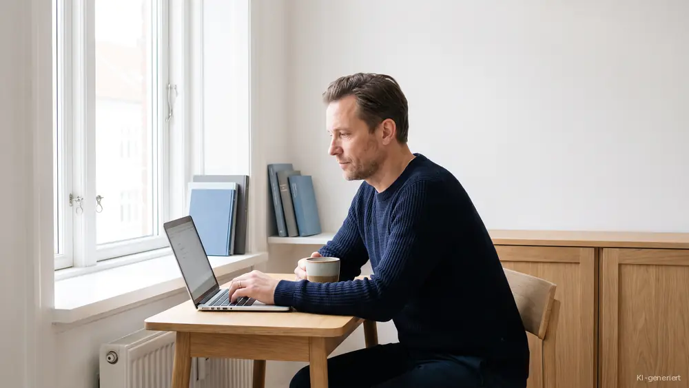 Mann schreibt am Laptop an einem Tisch neben dem Fenster