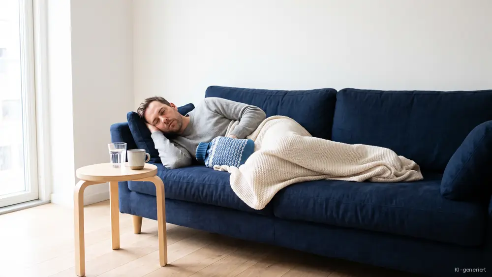 Mann liegt unter einer Decke auf einem Sofa, daneben stehen Wasser und eine Tasse