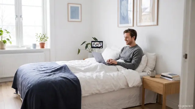 Mann sitzt mit einem Laptop im Bett eines hellen Schlafzimmers